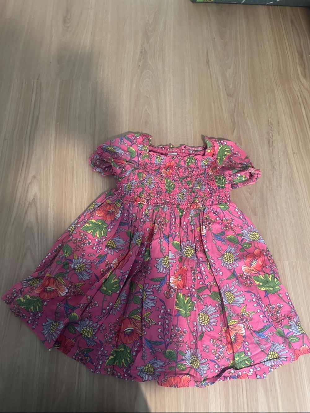 GAP Pink Floral Smocked Puff-Sleeve Dress